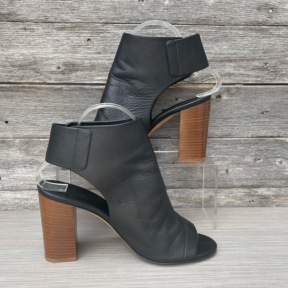 Vince | Faye Leather Peep Toe Stacked Block Heel Booties - Picture 6 of 13